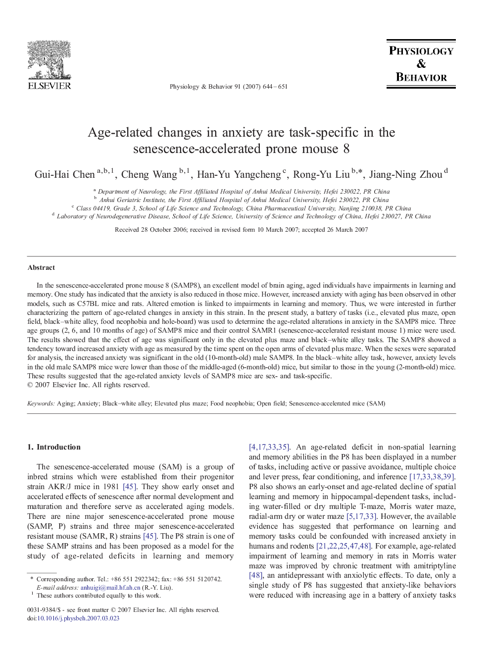 Age-related changes in anxiety are task-specific in the senescence-accelerated prone mouse 8