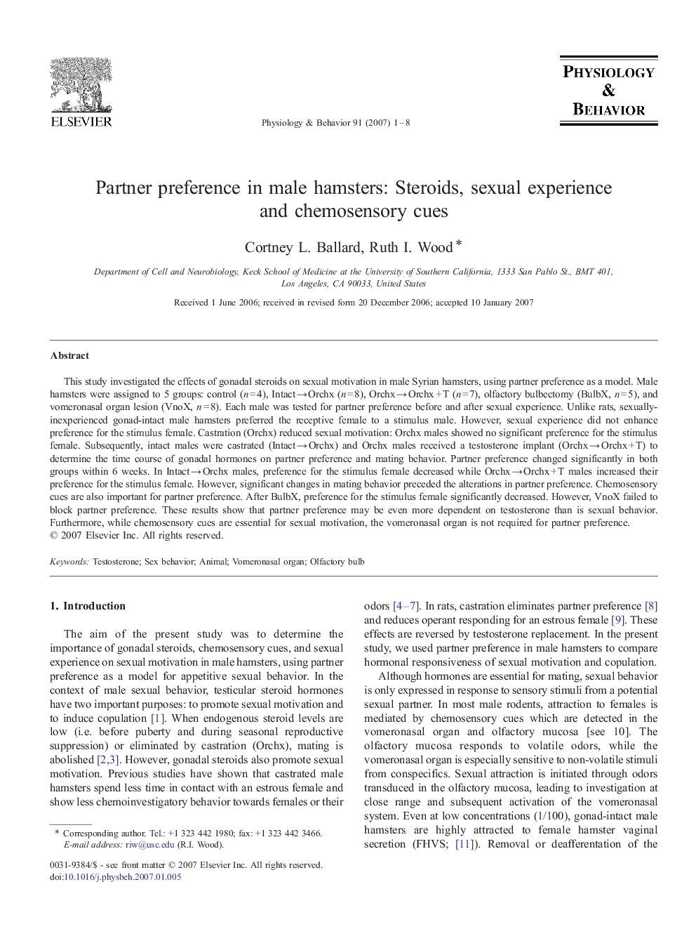 Partner preference in male hamsters: Steroids, sexual experience and chemosensory cues