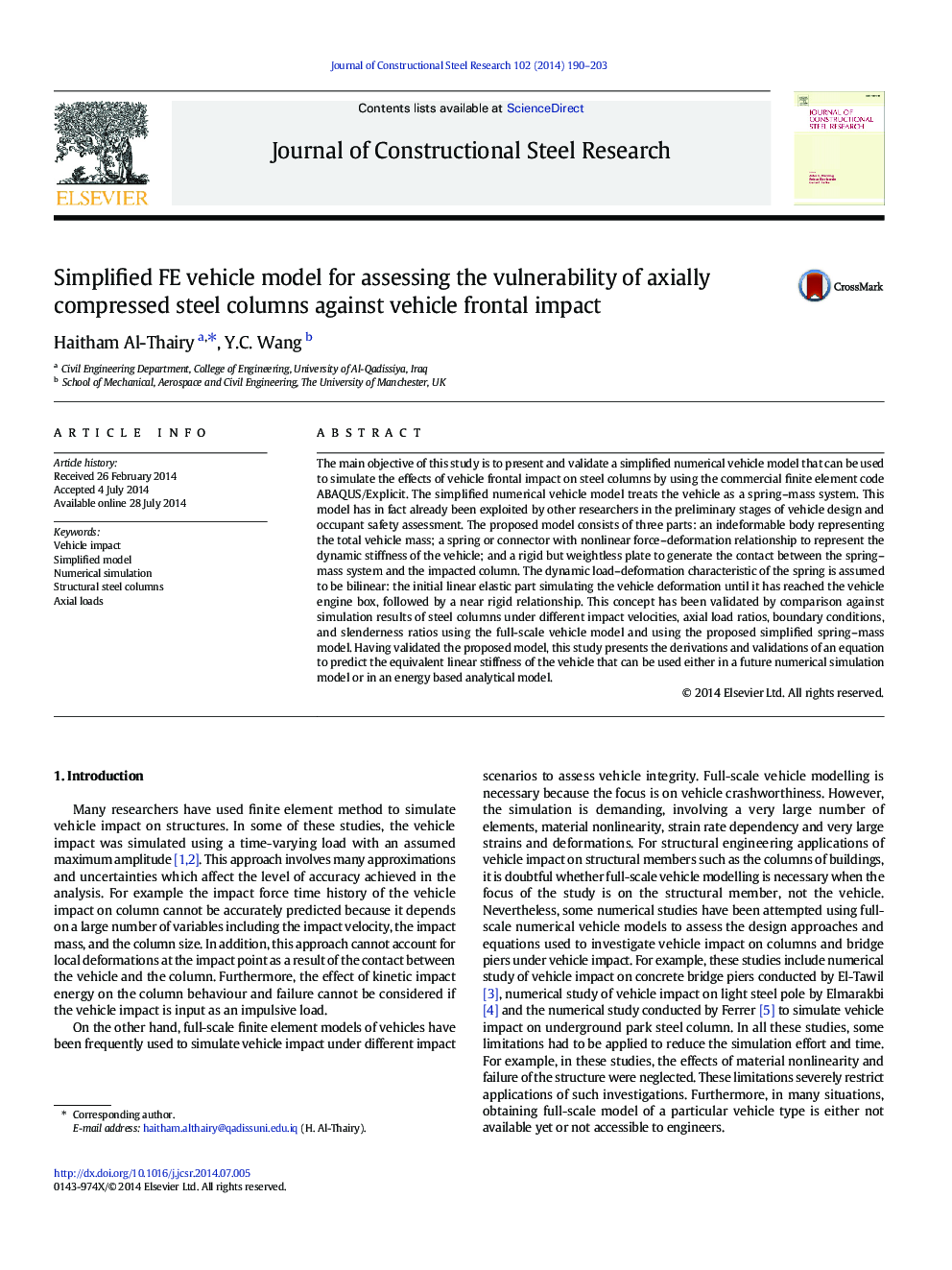 Simplified FE vehicle model for assessing the vulnerability of axially compressed steel columns against vehicle frontal impact