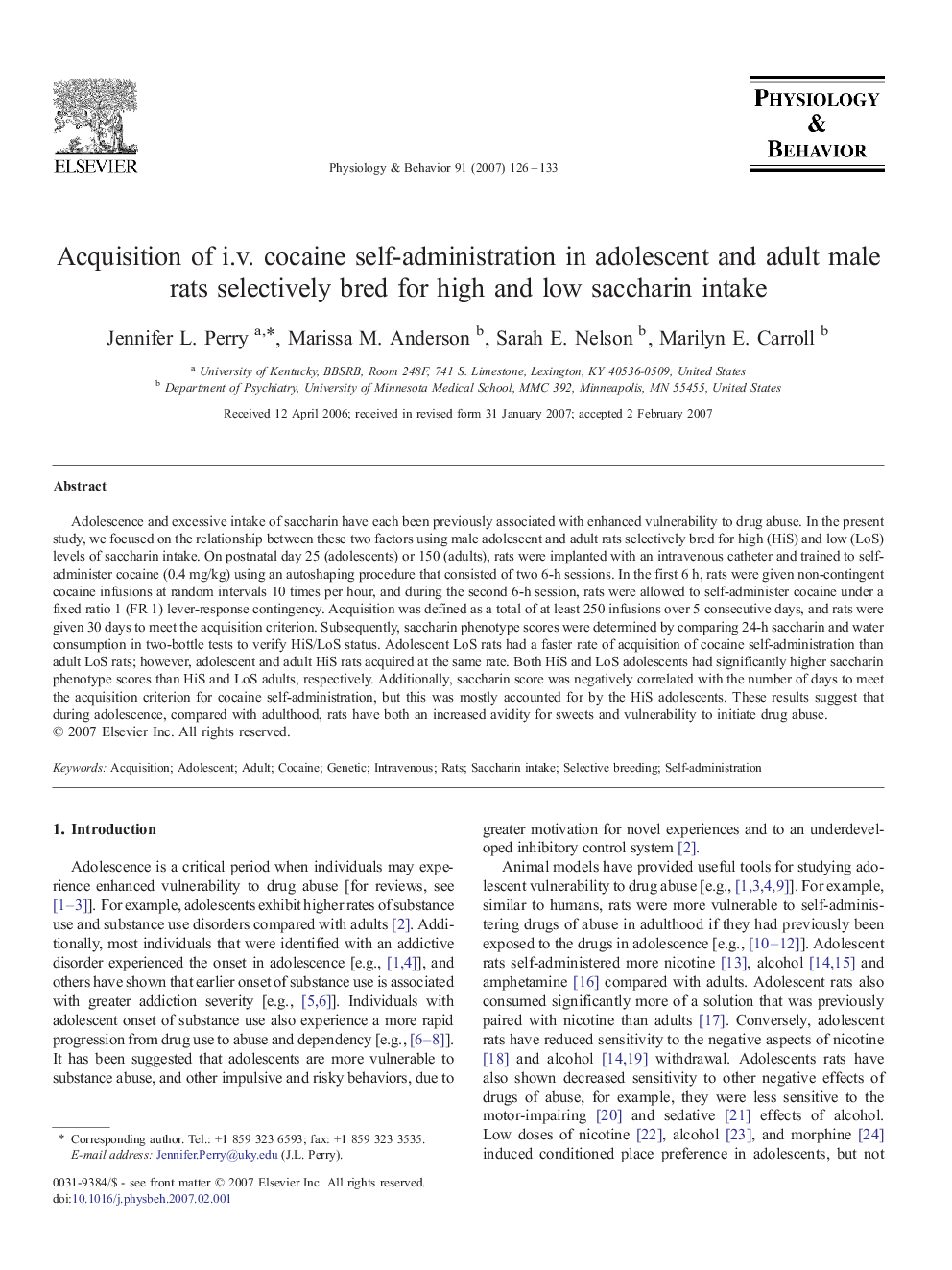 Acquisition of i.v. cocaine self-administration in adolescent and adult male rats selectively bred for high and low saccharin intake