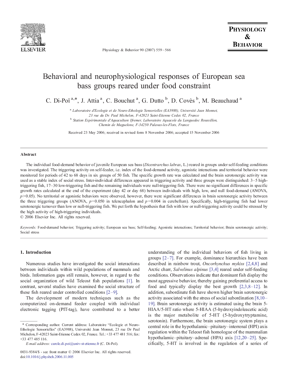 Behavioral and neurophysiological responses of European sea bass groups reared under food constraint