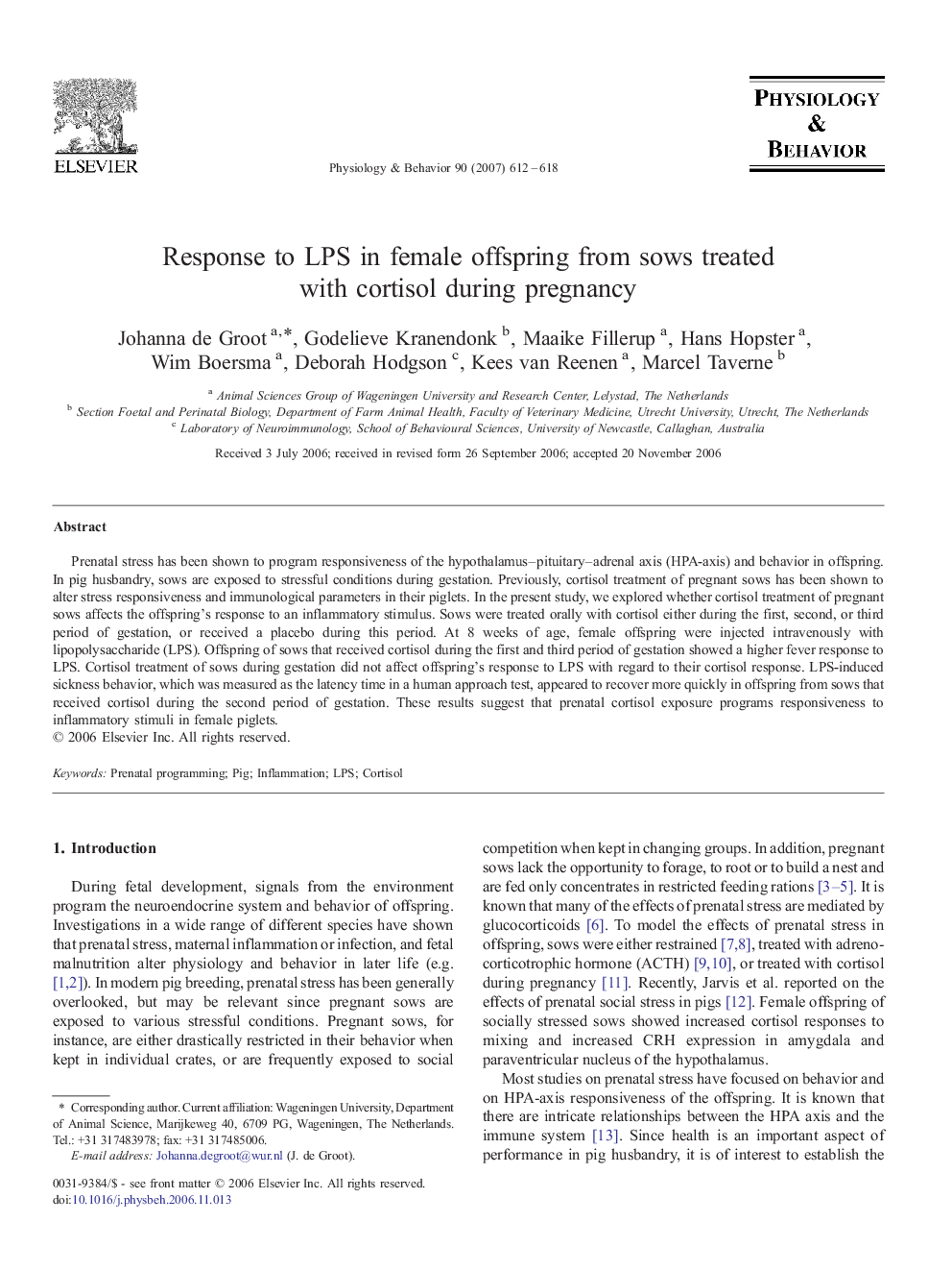 Response to LPS in female offspring from sows treated with cortisol during pregnancy