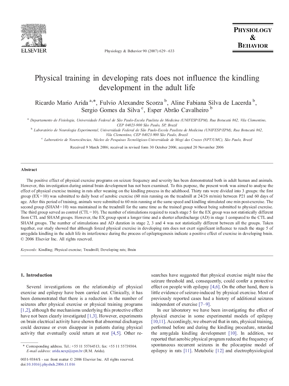 Physical training in developing rats does not influence the kindling development in the adult life