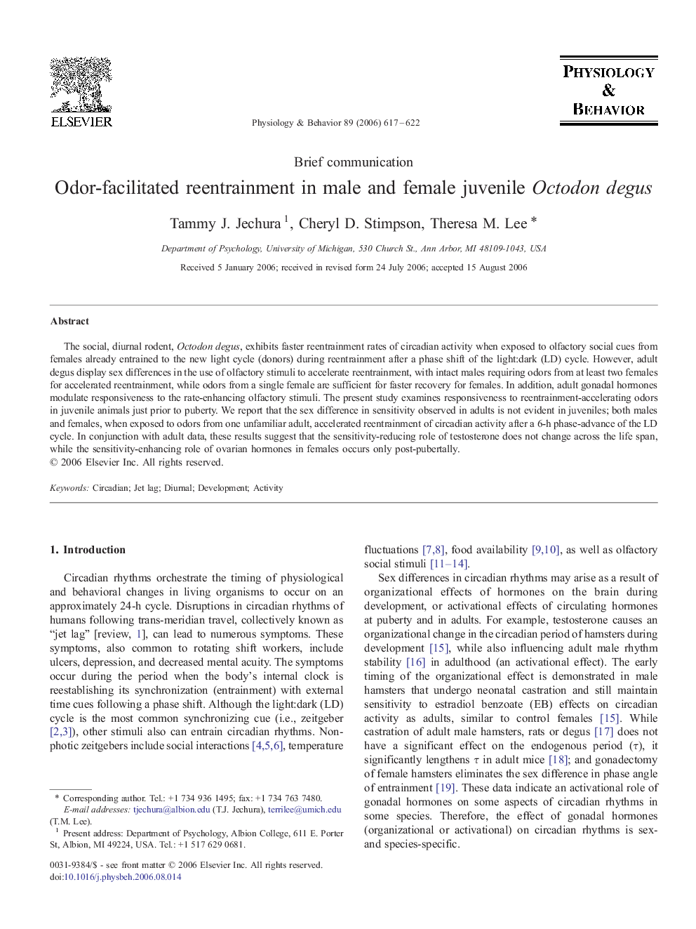 Odor-facilitated reentrainment in male and female juvenile Octodon degus