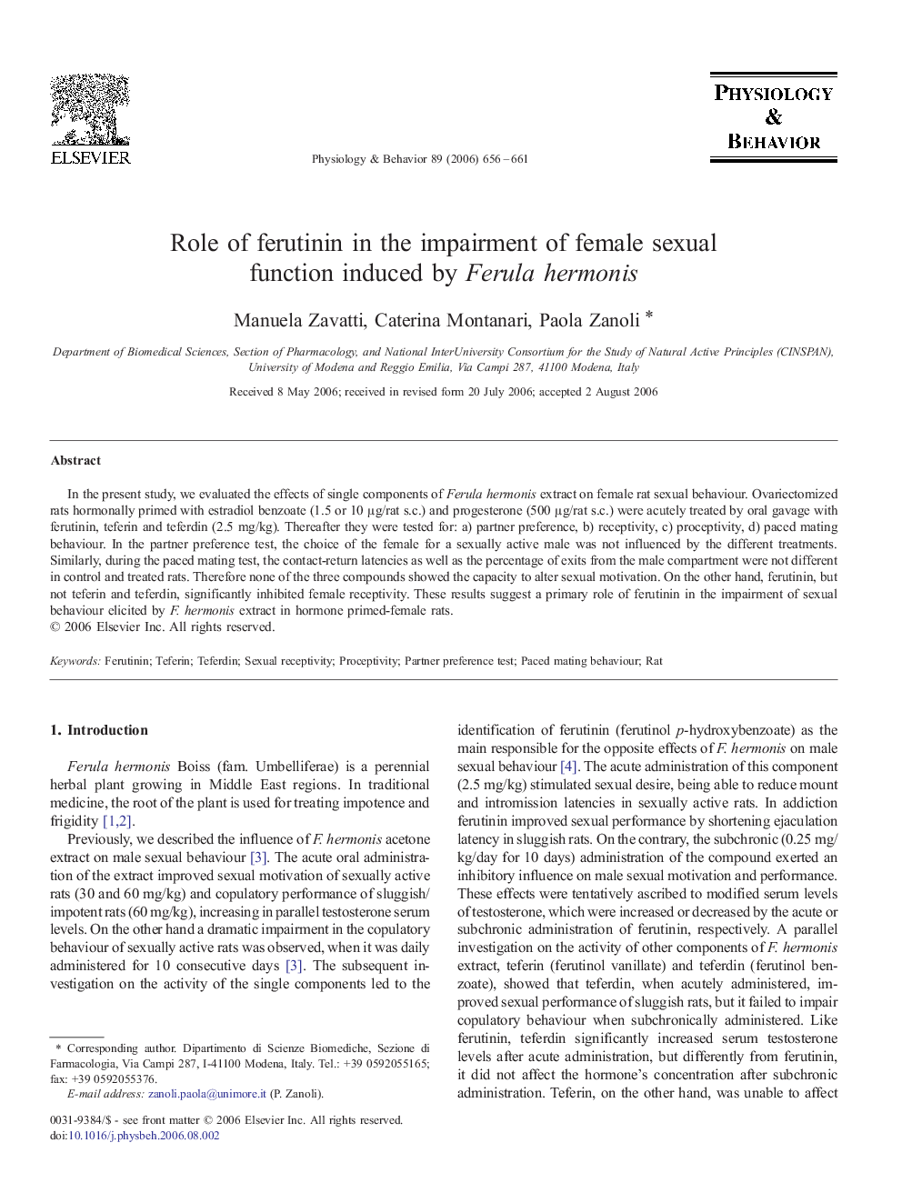 Role of ferutinin in the impairment of female sexual function induced by Ferula hermonis