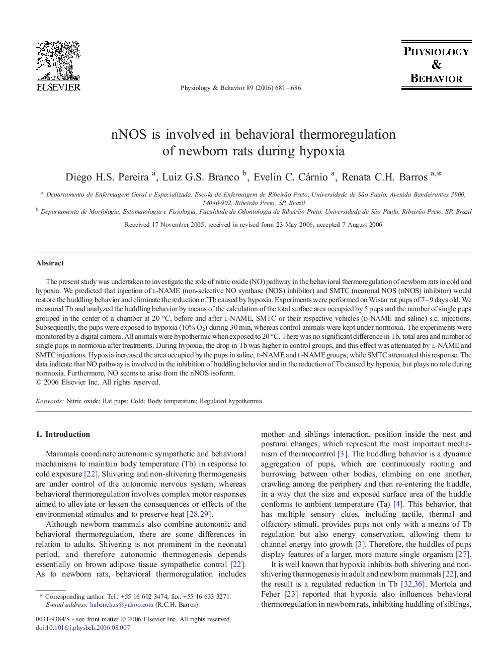 nNOS is involved in behavioral thermoregulation of newborn rats during hypoxia