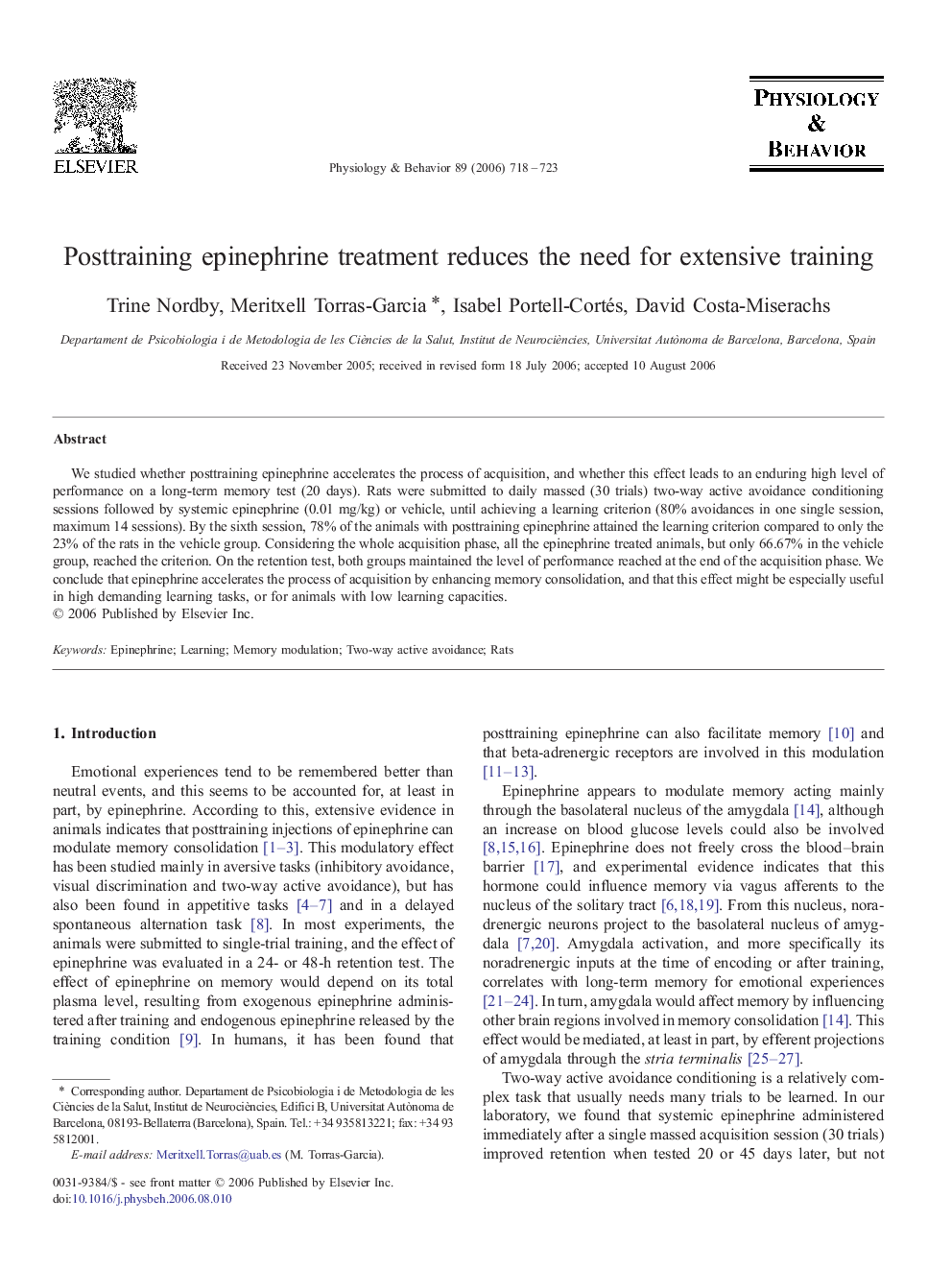 Posttraining epinephrine treatment reduces the need for extensive training