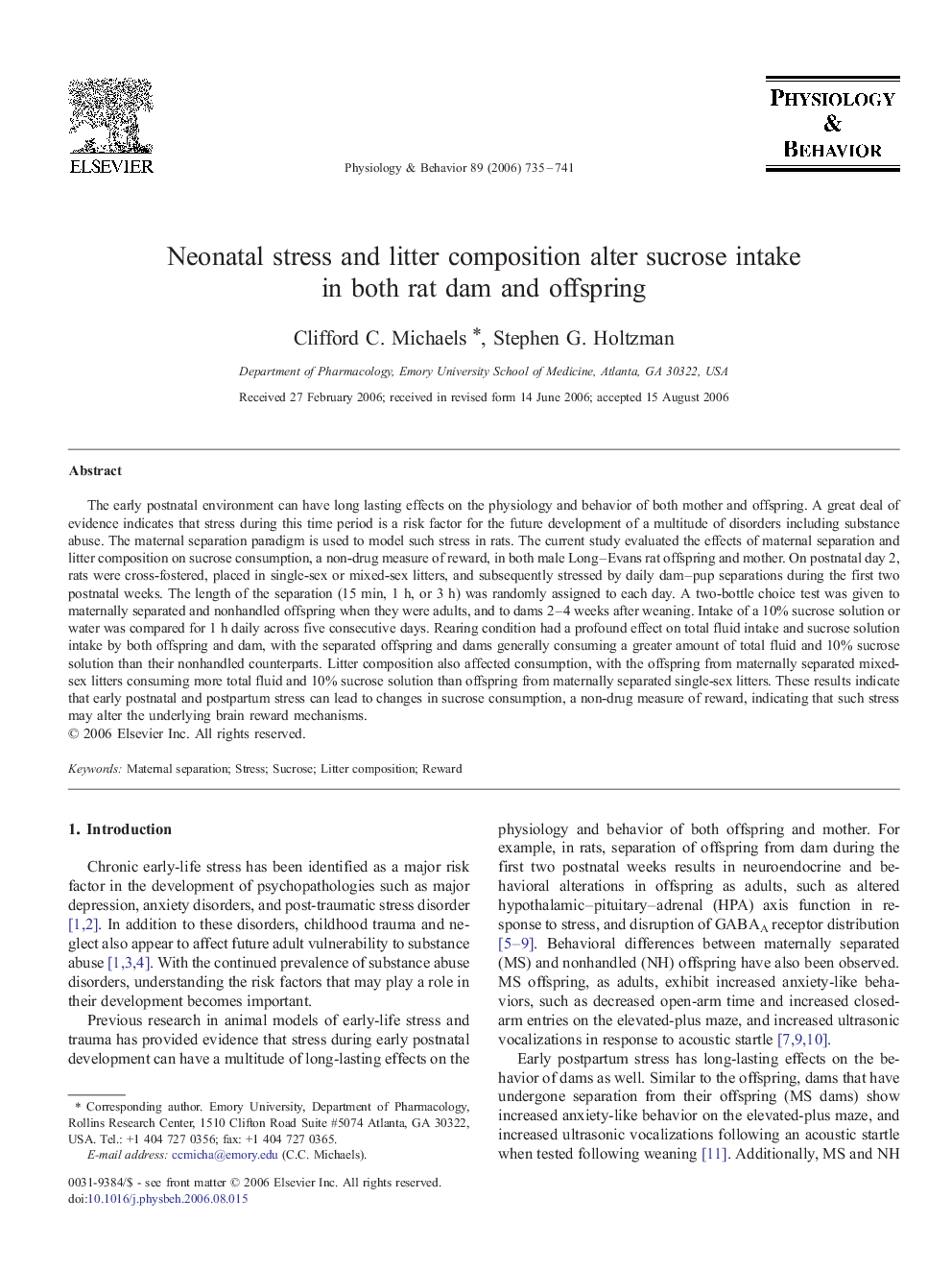 Neonatal stress and litter composition alter sucrose intake in both rat dam and offspring