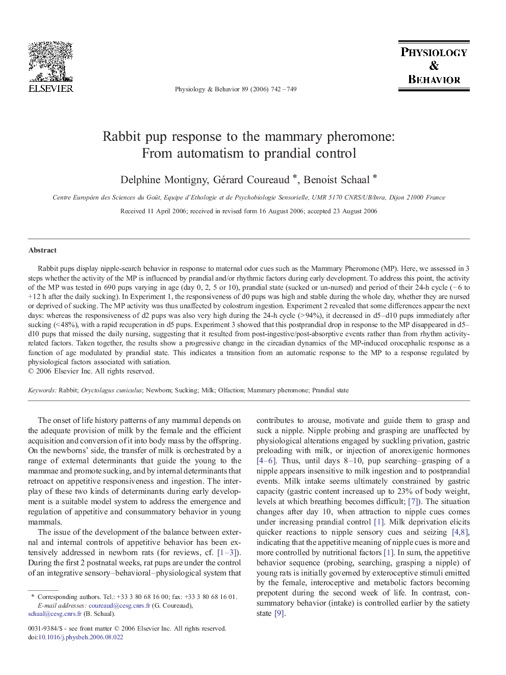 Rabbit pup response to the mammary pheromone: From automatism to prandial control