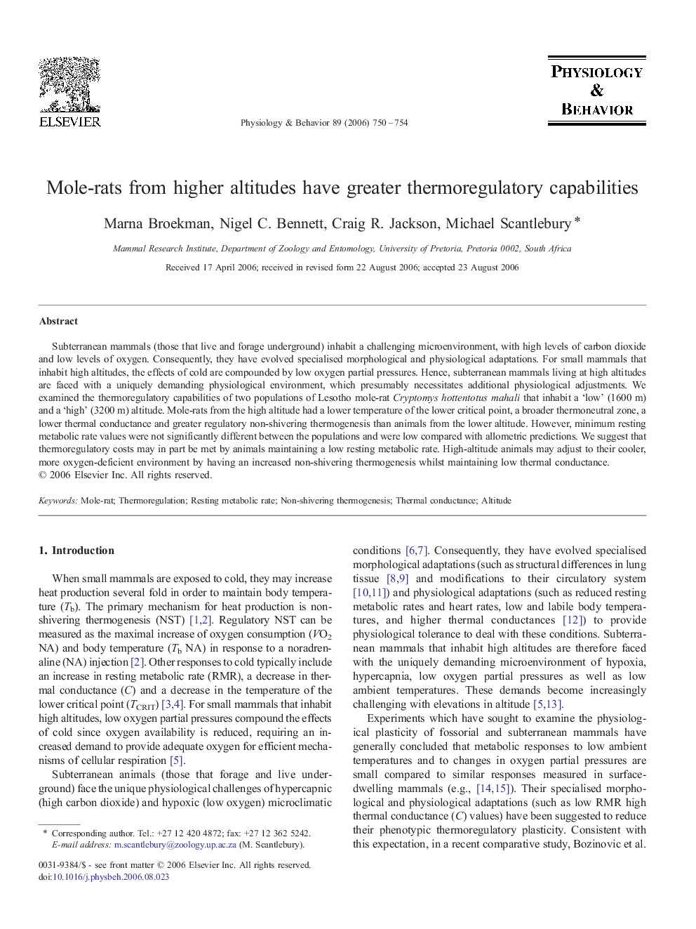 Mole-rats from higher altitudes have greater thermoregulatory capabilities