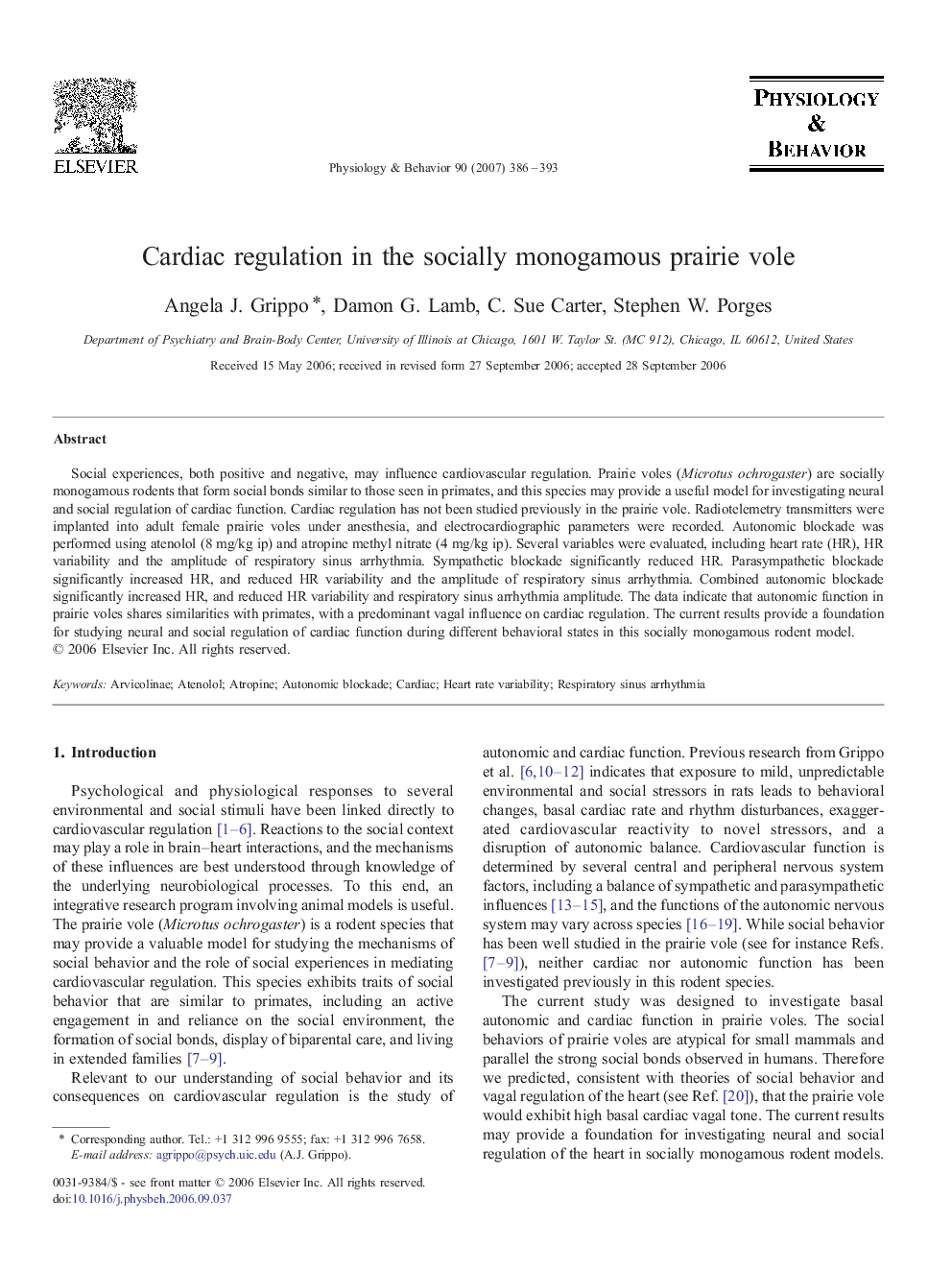 Cardiac regulation in the socially monogamous prairie vole