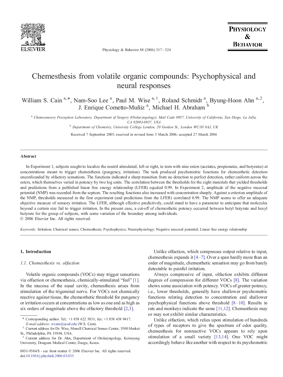 Chemesthesis from volatile organic compounds: Psychophysical and neural responses