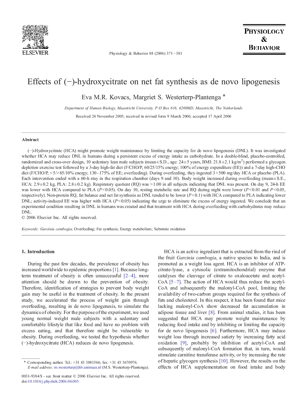 Effects of (−)-hydroxycitrate on net fat synthesis as de novo lipogenesis