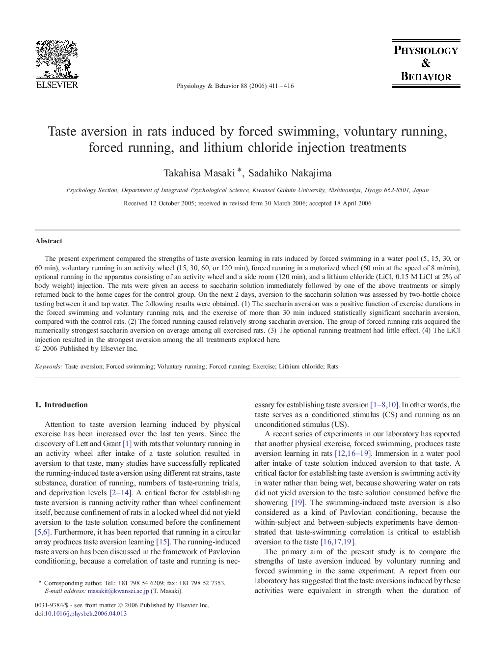 Taste aversion in rats induced by forced swimming, voluntary running, forced running, and lithium chloride injection treatments