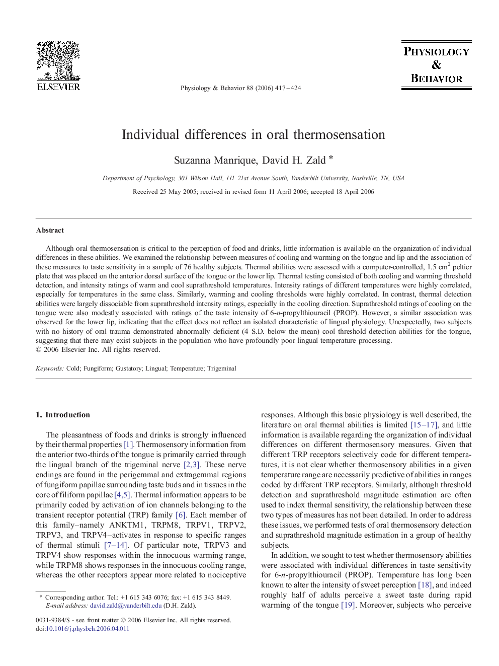 Individual differences in oral thermosensation