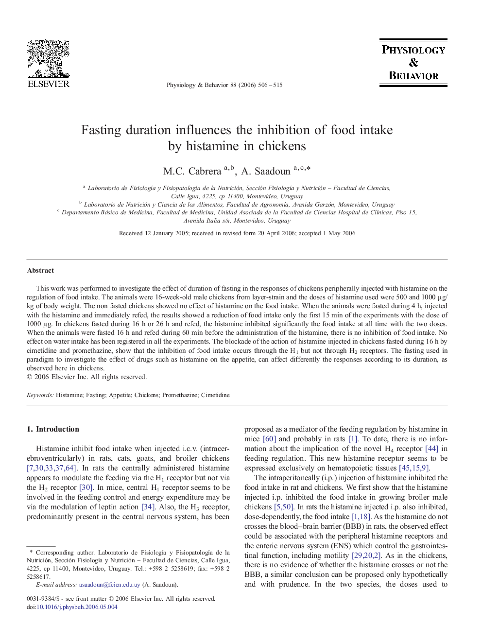 Fasting duration influences the inhibition of food intake by histamine in chickens