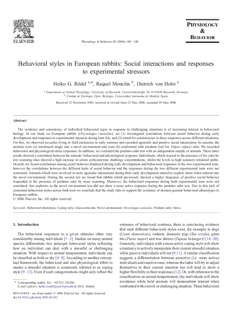 Behavioral styles in European rabbits: Social interactions and responses to experimental stressors