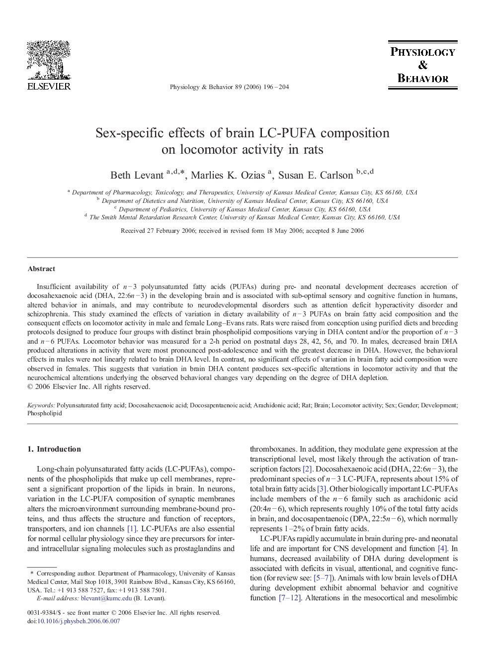 Sex-specific effects of brain LC-PUFA composition on locomotor activity in rats