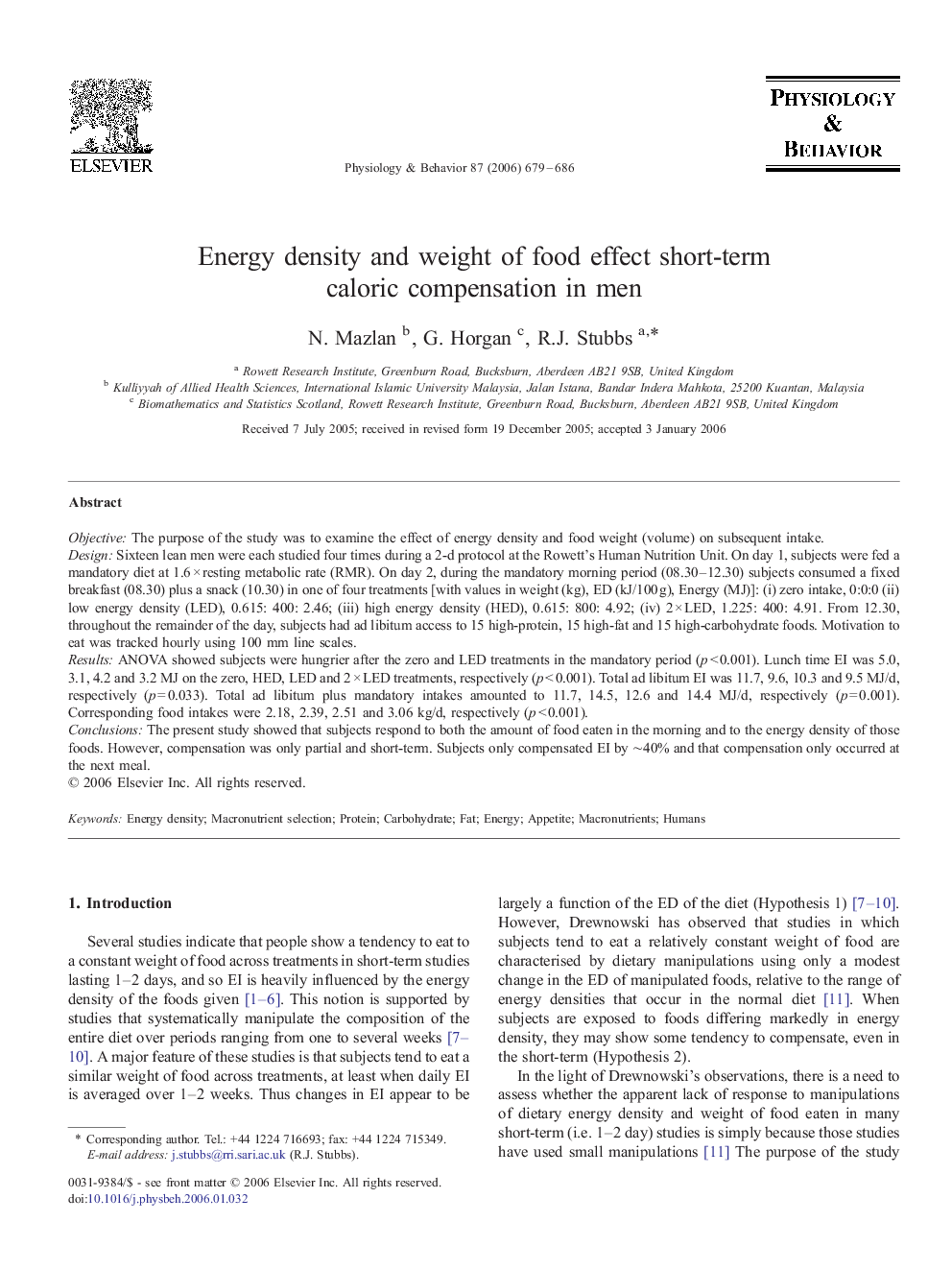 Energy density and weight of food effect short-term caloric compensation in men