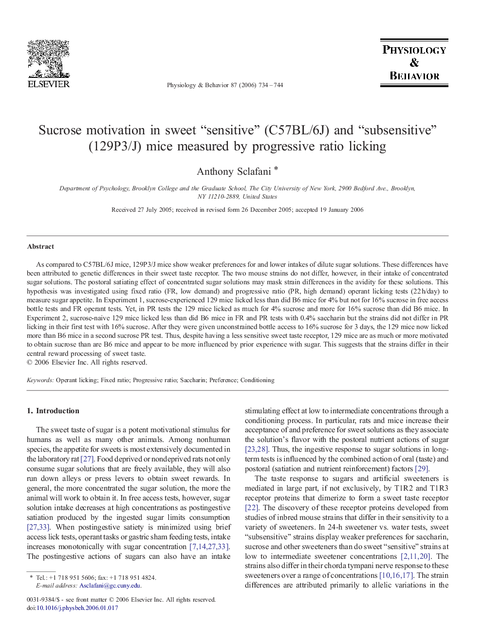 Sucrose motivation in sweet “sensitive” (C57BL/6J) and “subsensitive” (129P3/J) mice measured by progressive ratio licking