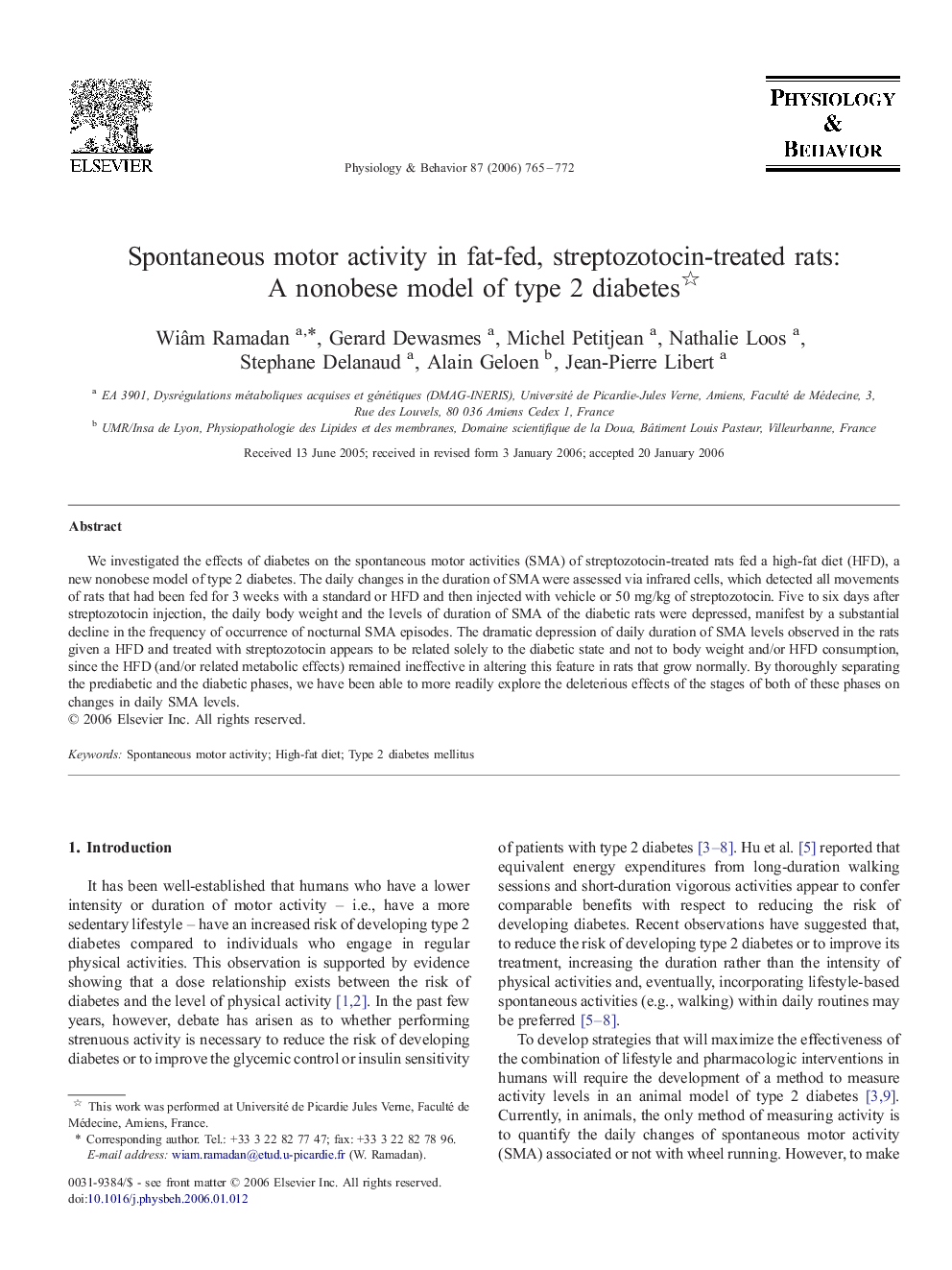 Spontaneous motor activity in fat-fed, streptozotocin-treated rats: A nonobese model of type 2 diabetes 