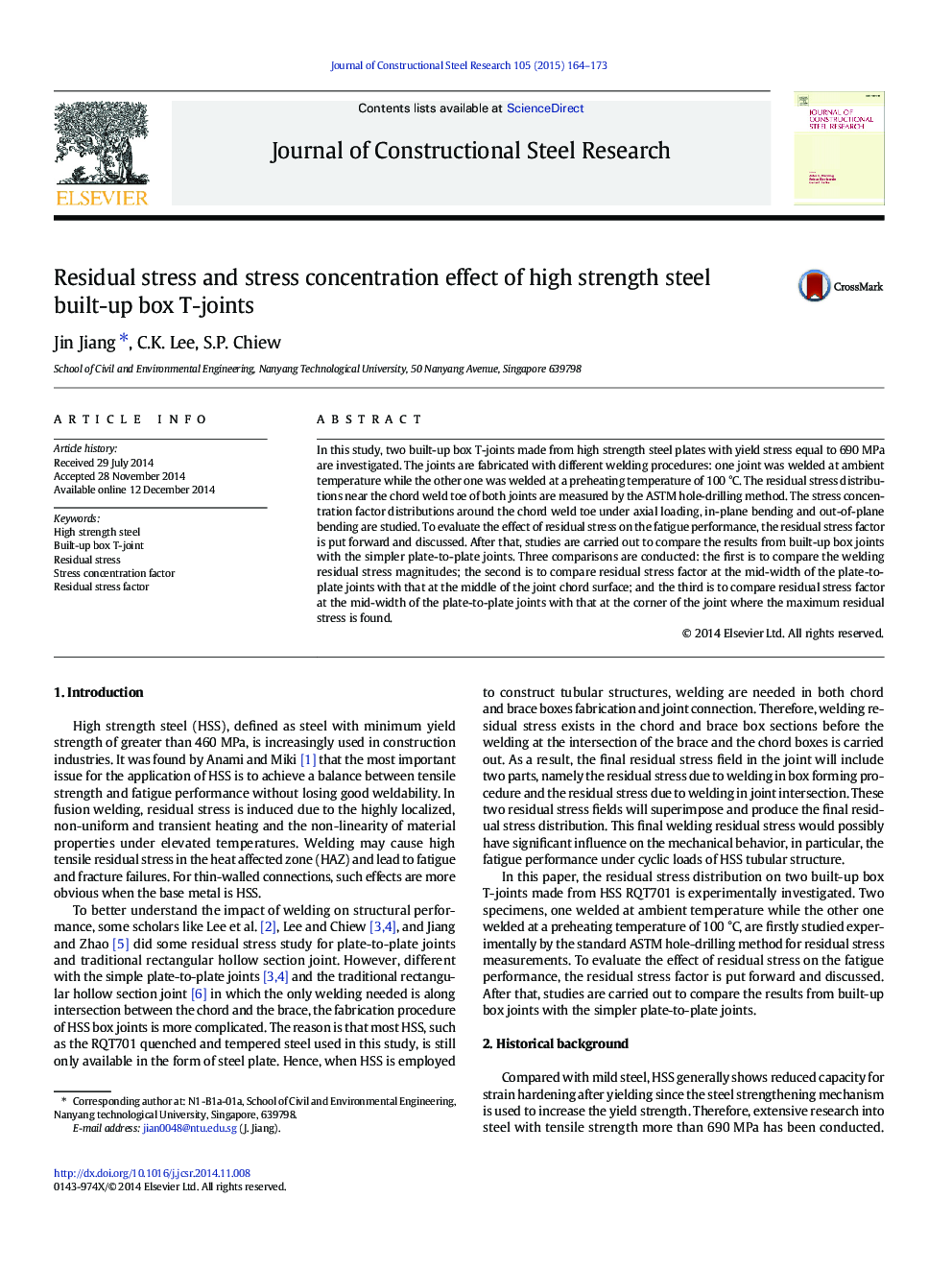 Residual stress and stress concentration effect of high strength steel built-up box T-joints