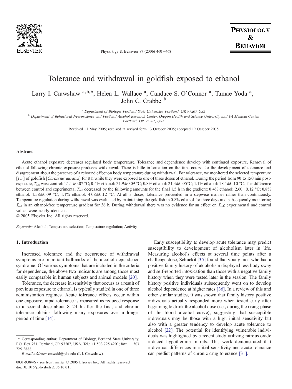 Tolerance and withdrawal in goldfish exposed to ethanol