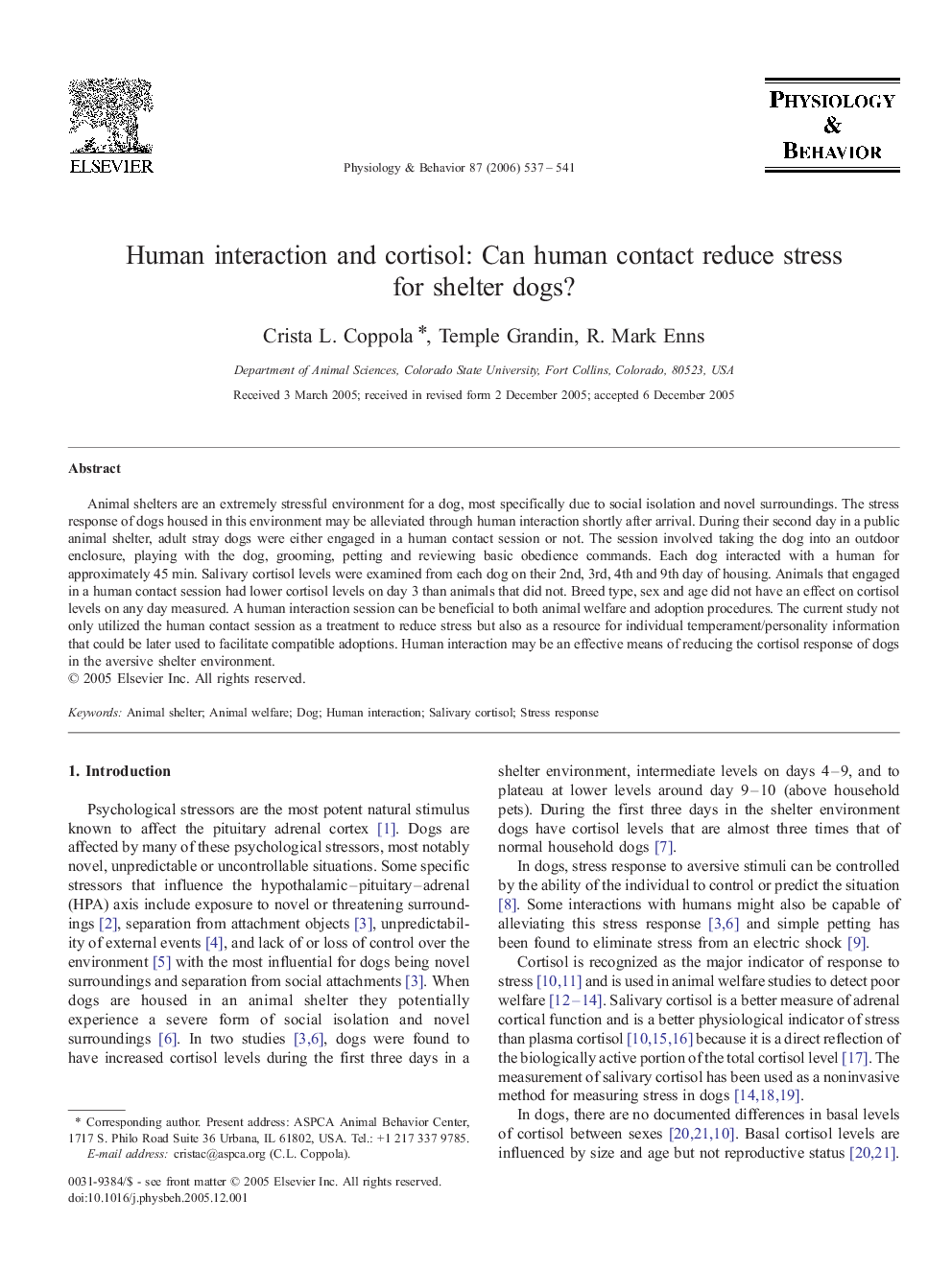 Human interaction and cortisol: Can human contact reduce stress for shelter dogs?