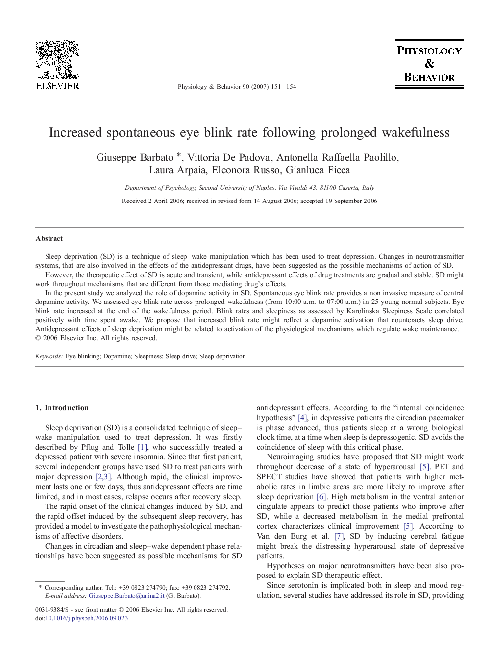 Increased spontaneous eye blink rate following prolonged wakefulness