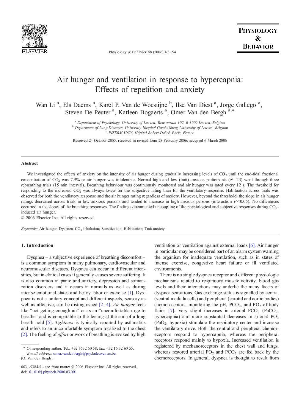 Air hunger and ventilation in response to hypercapnia: Effects of repetition and anxiety