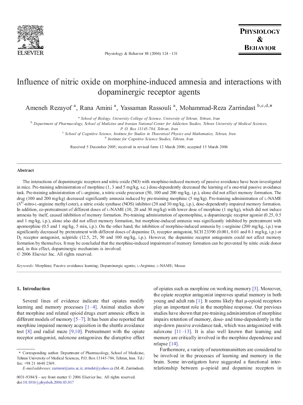 Influence of nitric oxide on morphine-induced amnesia and interactions with dopaminergic receptor agents