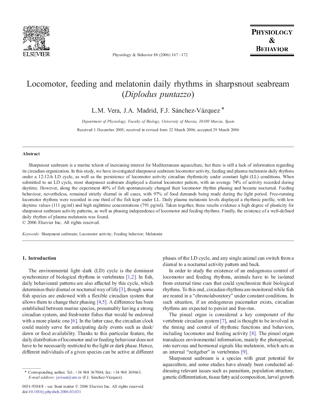 Locomotor, feeding and melatonin daily rhythms in sharpsnout seabream (Diplodus puntazzo)