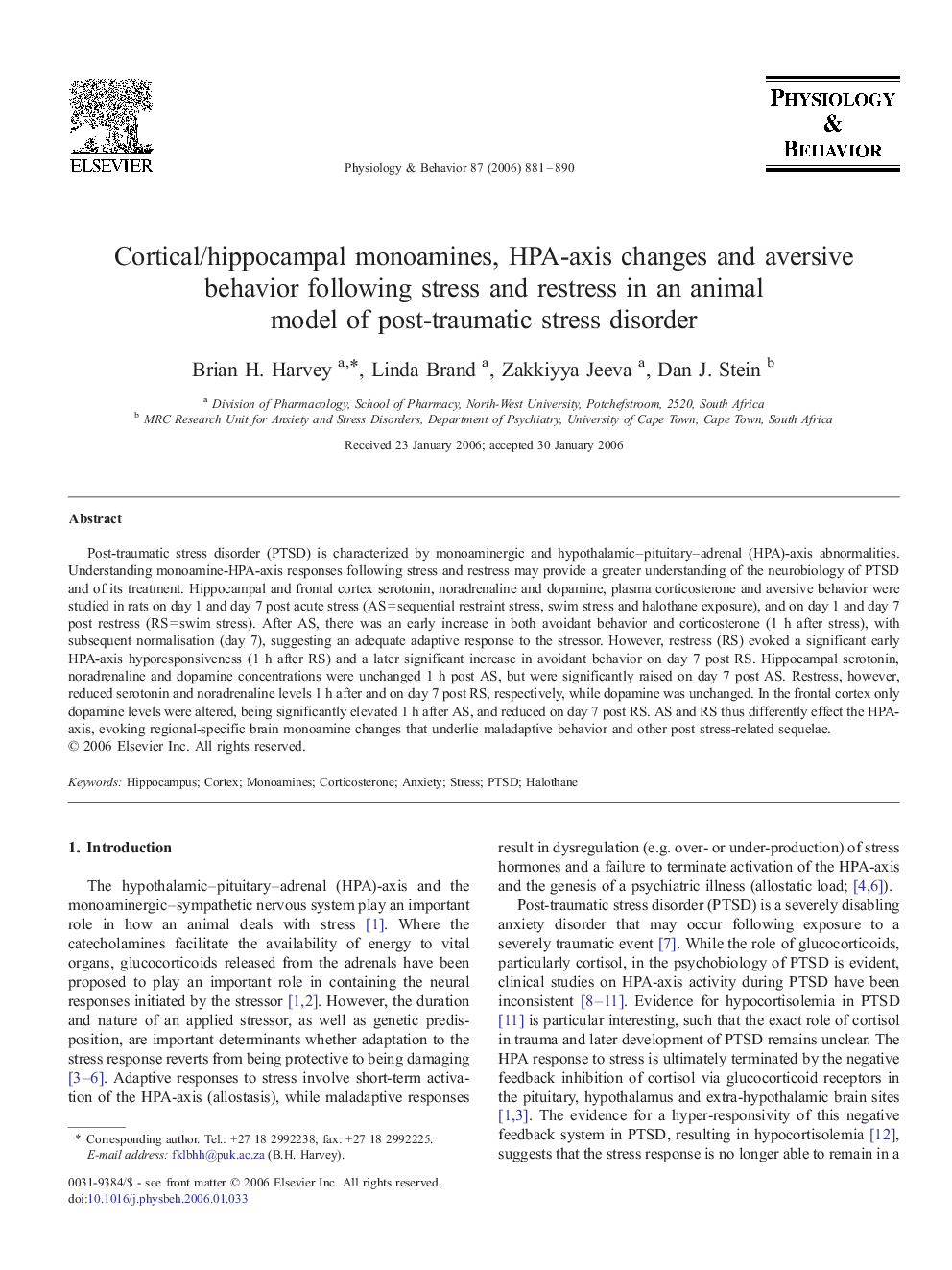 Cortical/hippocampal monoamines, HPA-axis changes and aversive behavior following stress and restress in an animal model of post-traumatic stress disorder