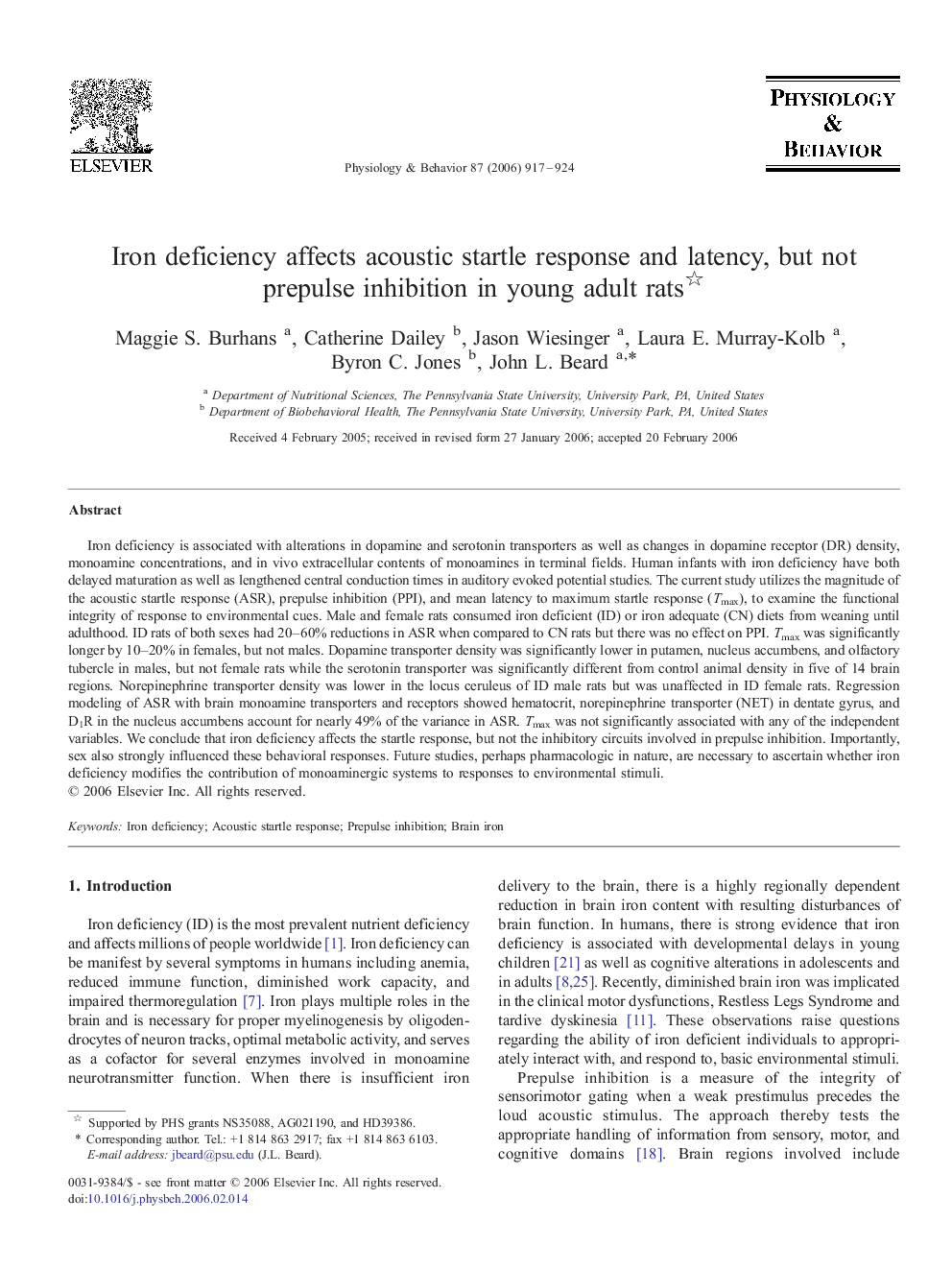 Iron deficiency affects acoustic startle response and latency, but not prepulse inhibition in young adult rats