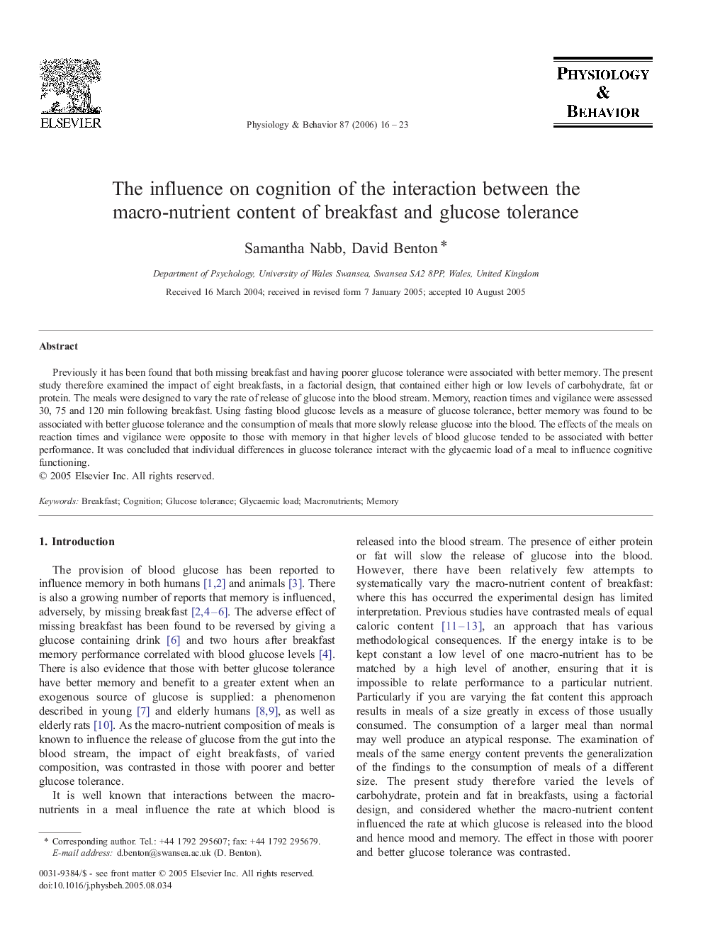 The influence on cognition of the interaction between the macro-nutrient content of breakfast and glucose tolerance