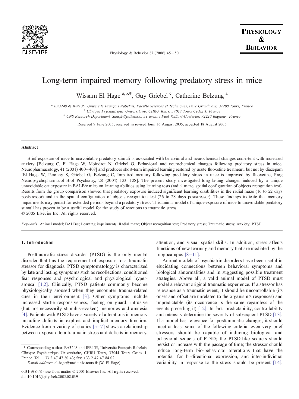 Long-term impaired memory following predatory stress in mice