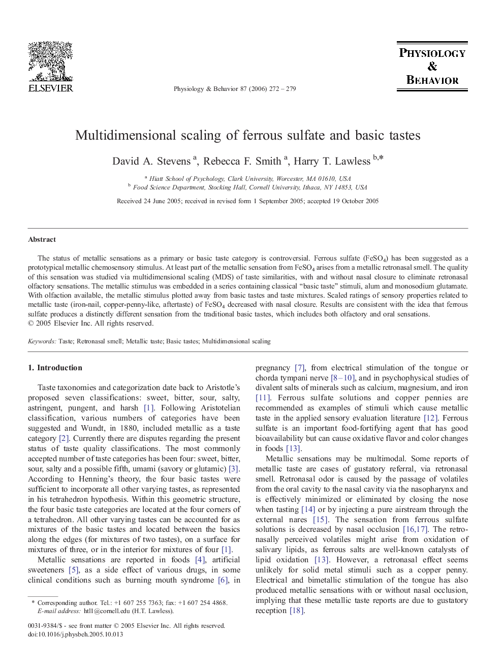 Multidimensional scaling of ferrous sulfate and basic tastes