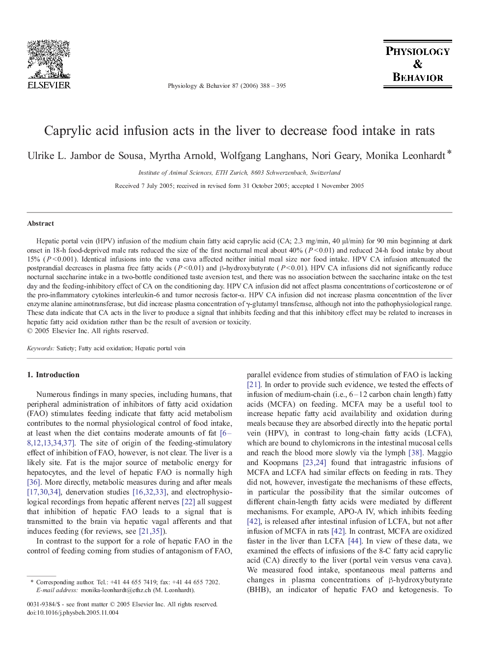 Caprylic acid infusion acts in the liver to decrease food intake in rats