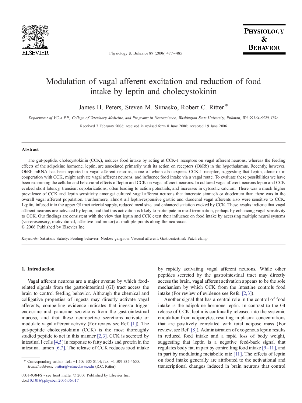 Modulation of vagal afferent excitation and reduction of food intake by leptin and cholecystokinin