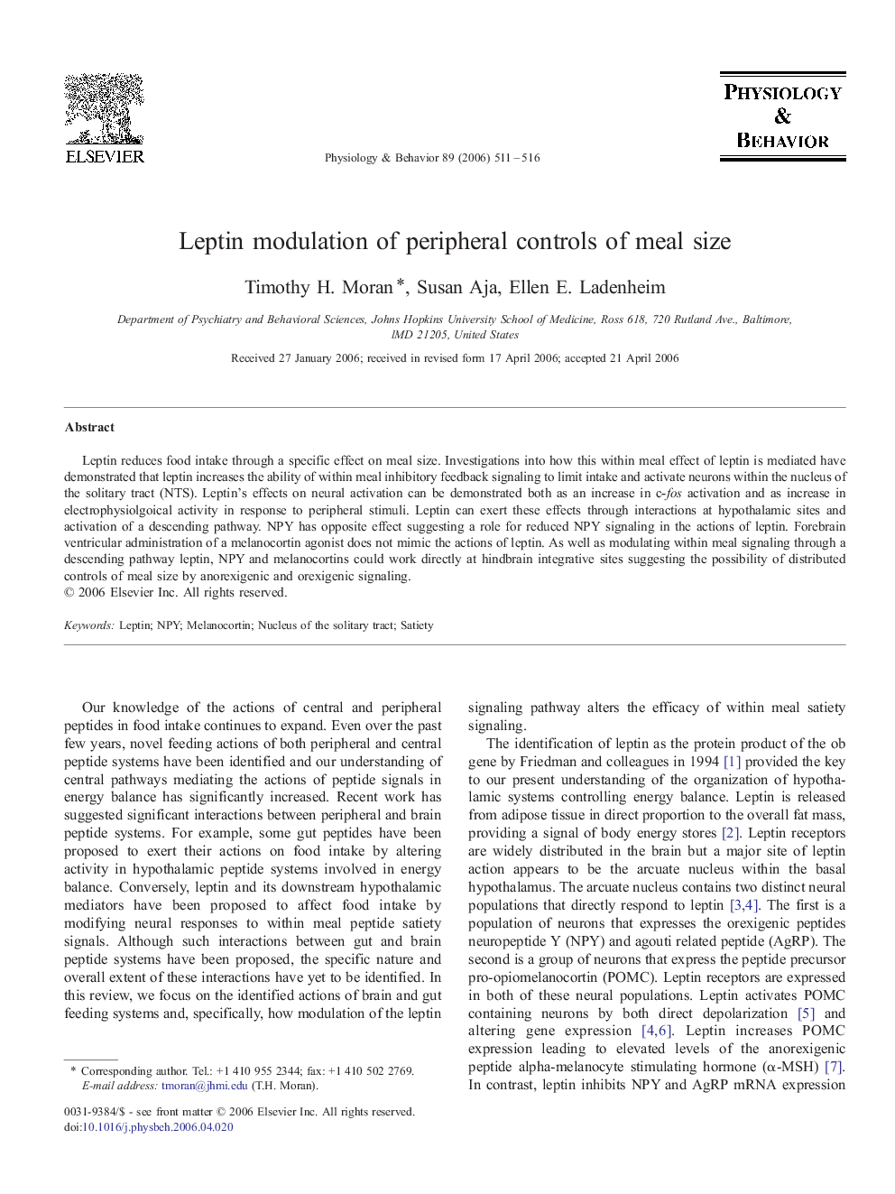 Leptin modulation of peripheral controls of meal size