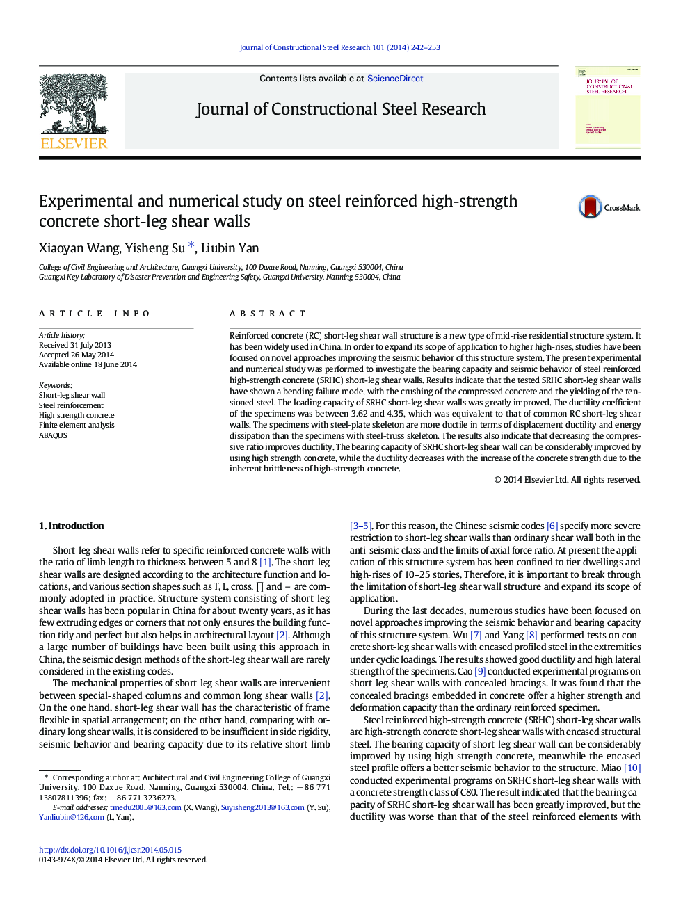 Experimental and numerical study on steel reinforced high-strength concrete short-leg shear walls