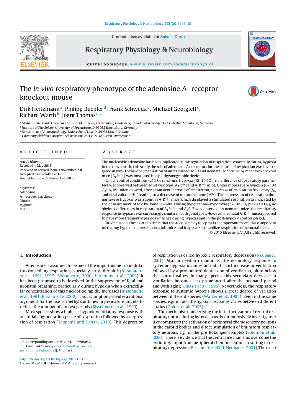 The in vivo respiratory phenotype of the adenosine A1 receptor knockout mouse