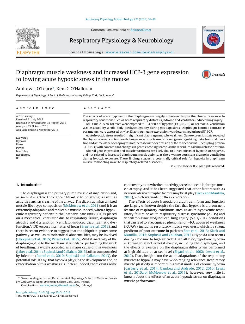 Diaphragm muscle weakness and increased UCP-3 gene expression following acute hypoxic stress in the mouse