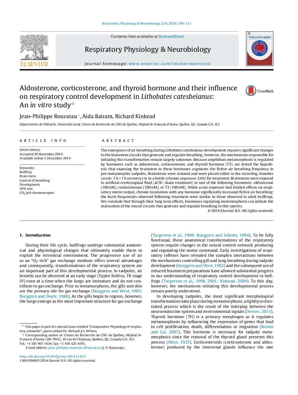 Aldosterone, corticosterone, and thyroid hormone and their influence on respiratory control development in Lithobates catesbeianus: An in vitro study 