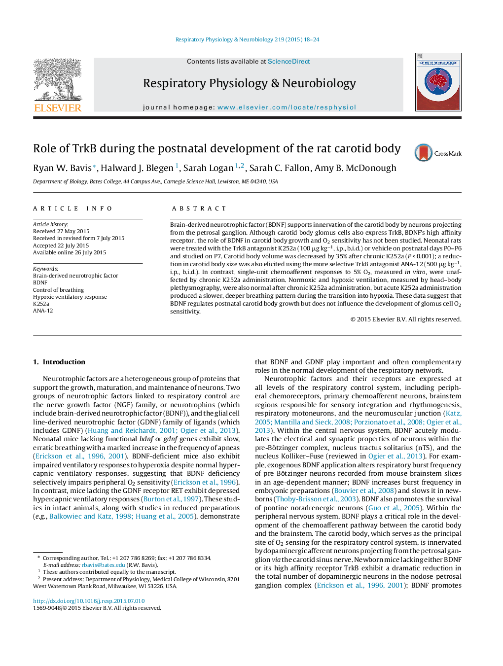 Role of TrkB during the postnatal development of the rat carotid body