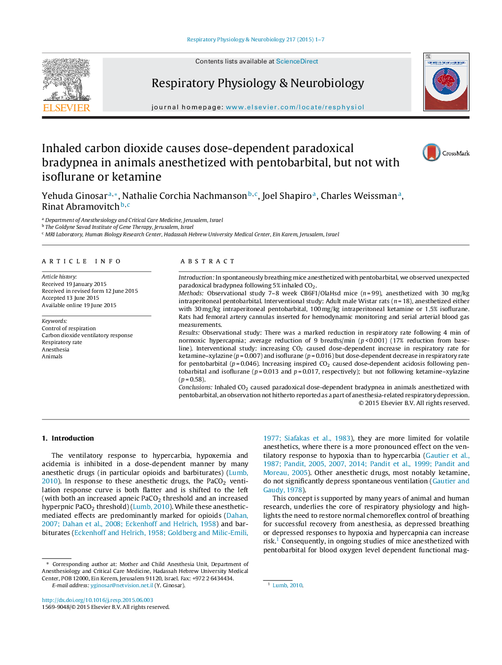 Inhaled carbon dioxide causes dose-dependent paradoxical bradypnea in animals anesthetized with pentobarbital, but not with isoflurane or ketamine