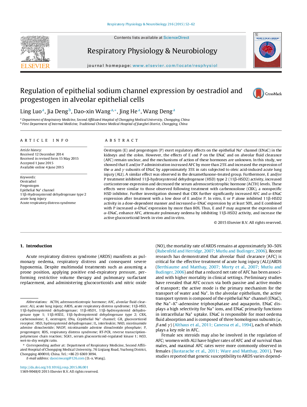 Regulation of epithelial sodium channel expression by oestradiol and progestogen in alveolar epithelial cells