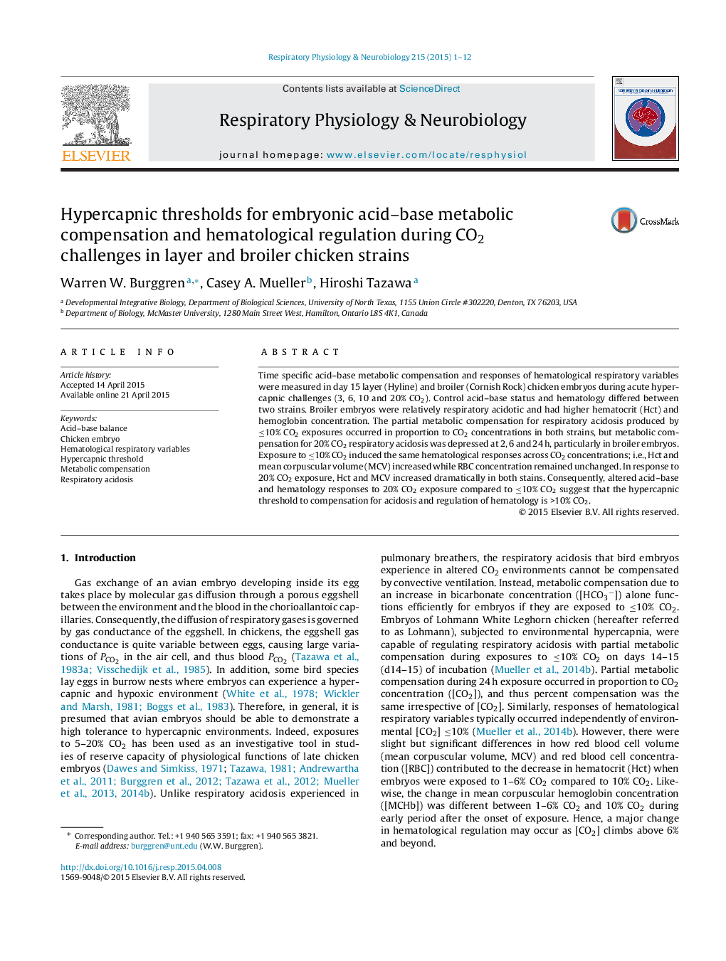 Hypercapnic thresholds for embryonic acid–base metabolic compensation and hematological regulation during CO2 challenges in layer and broiler chicken strains