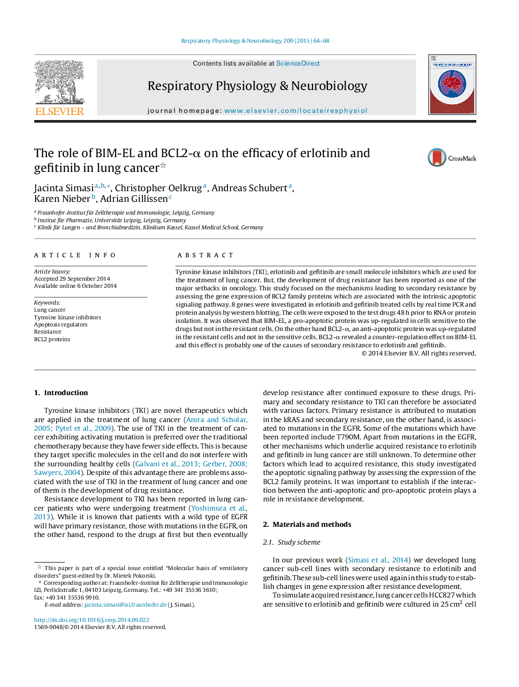 The role of BIM-EL and BCL2-α on the efficacy of erlotinib and gefitinib in lung cancer 