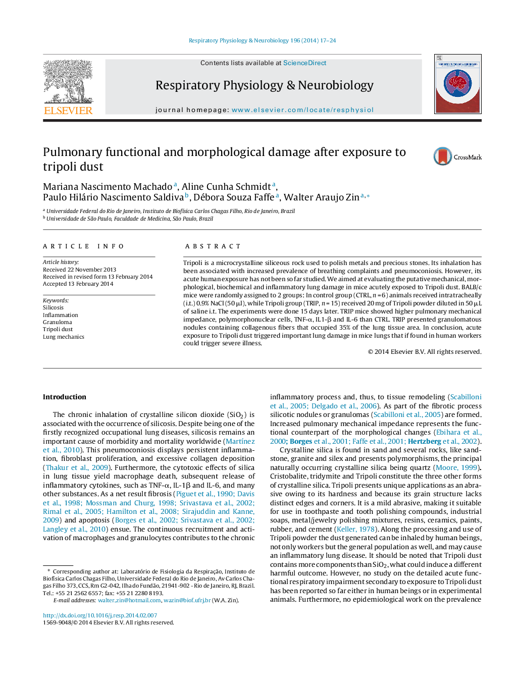 Pulmonary functional and morphological damage after exposure to tripoli dust